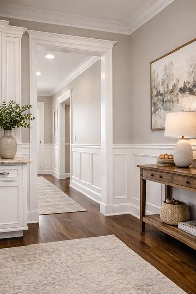 Elegant hallway with wooden floors, neutral walls, and decorative molding.