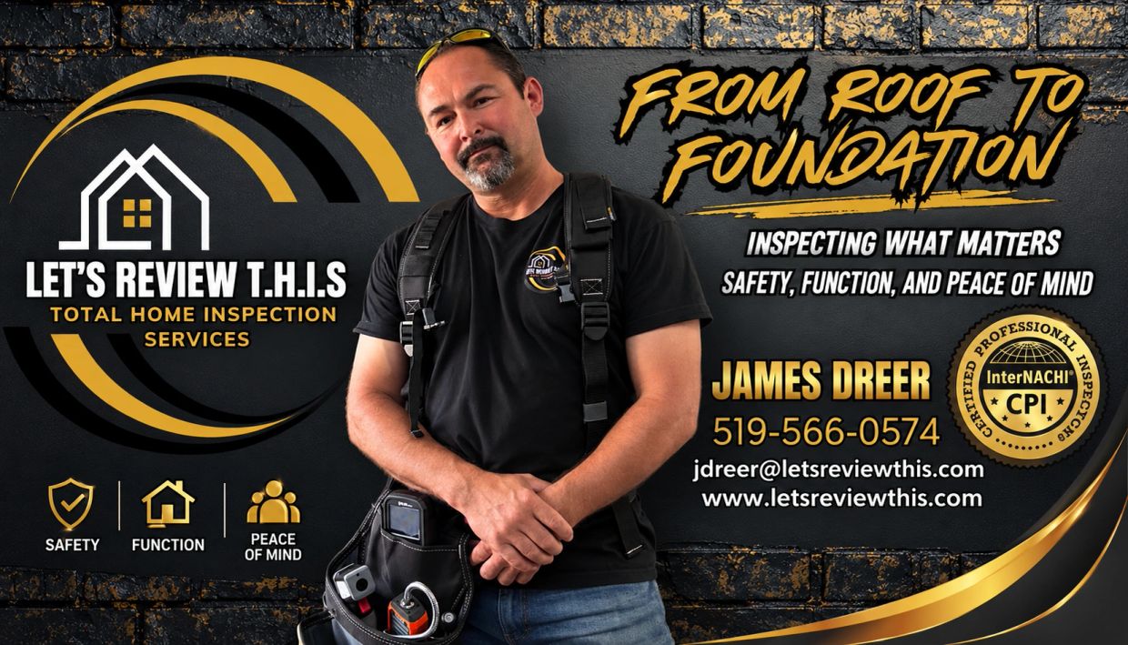 Home inspection service advertisement with contact details.
