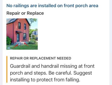 Missing guardrail on front porch steps.