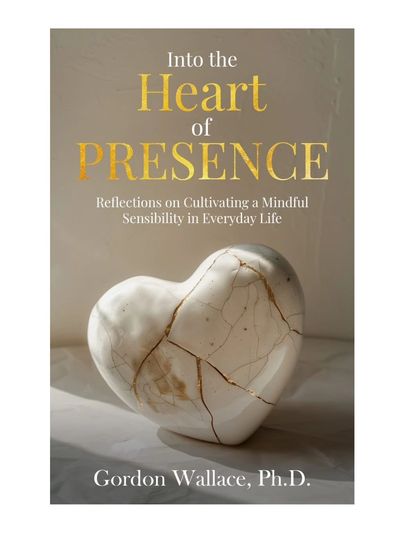 Book cover of 'Into the Heart of Presence' with a cracked heart sculpture.