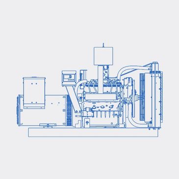 Blueprint-style drawing of an industrial generator set in blue lines.