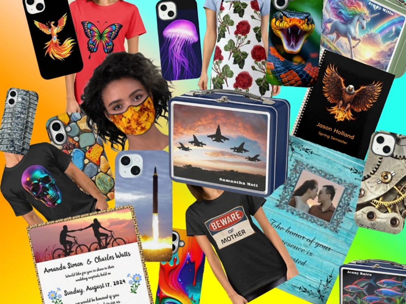 Colorful collage of personalized items including phone cases, shirts, masks, and lunchboxes with various designs and photos.