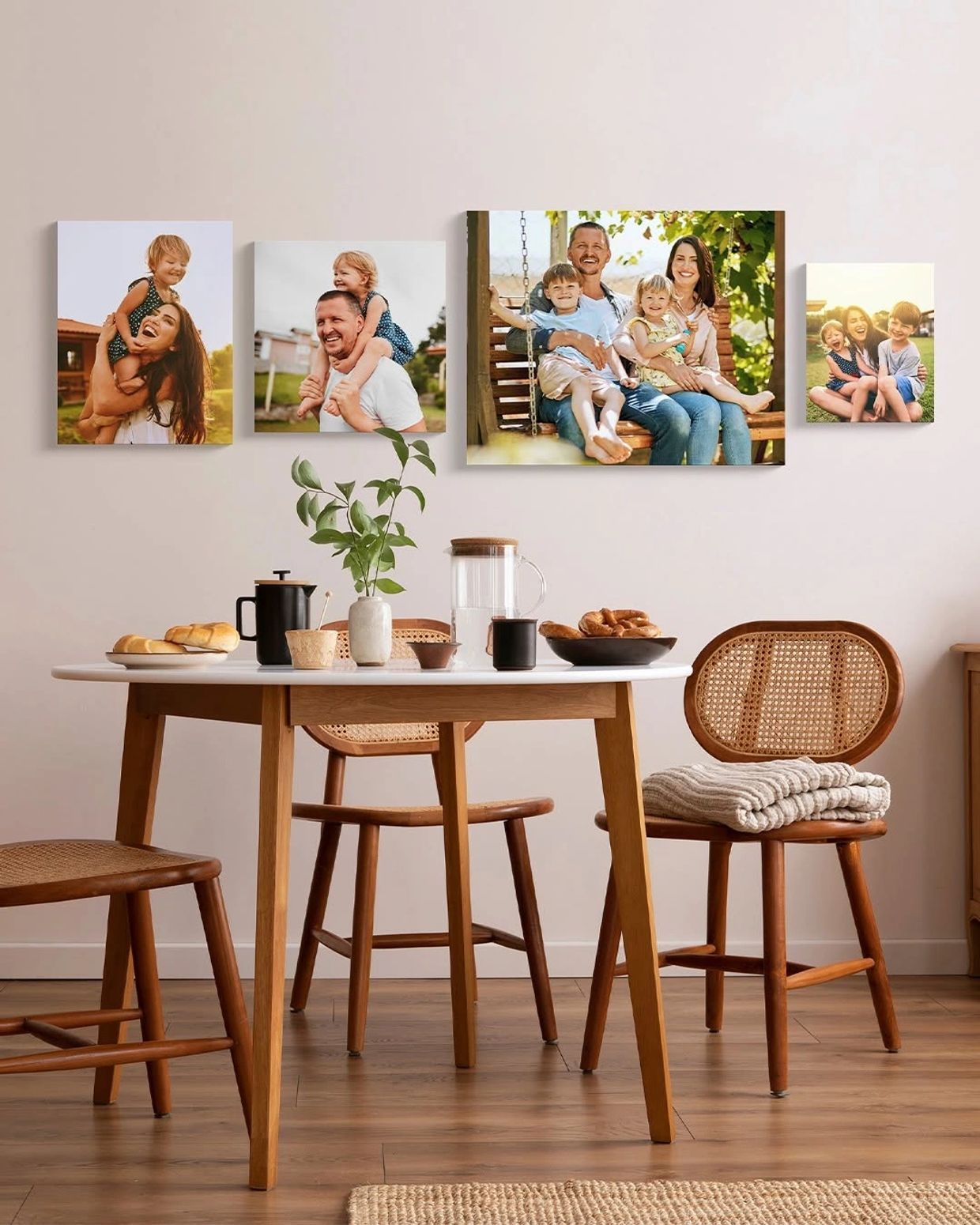 Cozy dining area with wooden furniture and family photos on the wall.