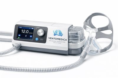 Ventomedica CPAP machine with a clear mask and tubing for respiratory therapy.