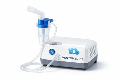 A white and blue Ventomedica nebulizer machine with tubing and mouthpiece.
