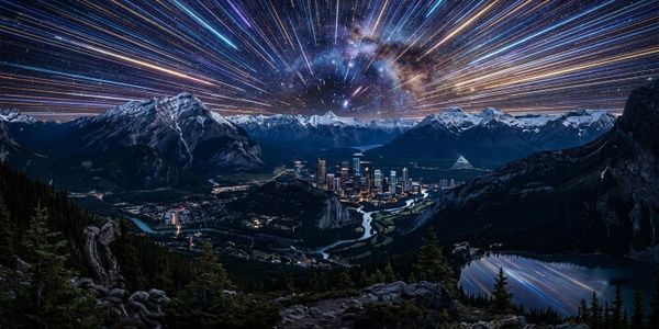 City nestled in mountains under a stunning star trail and Milky Way sky.