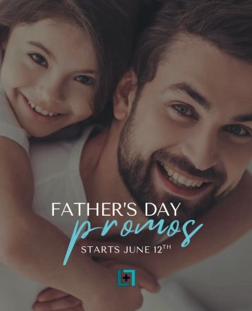 Father and child smiling for Father's Day promo starting June 12th.