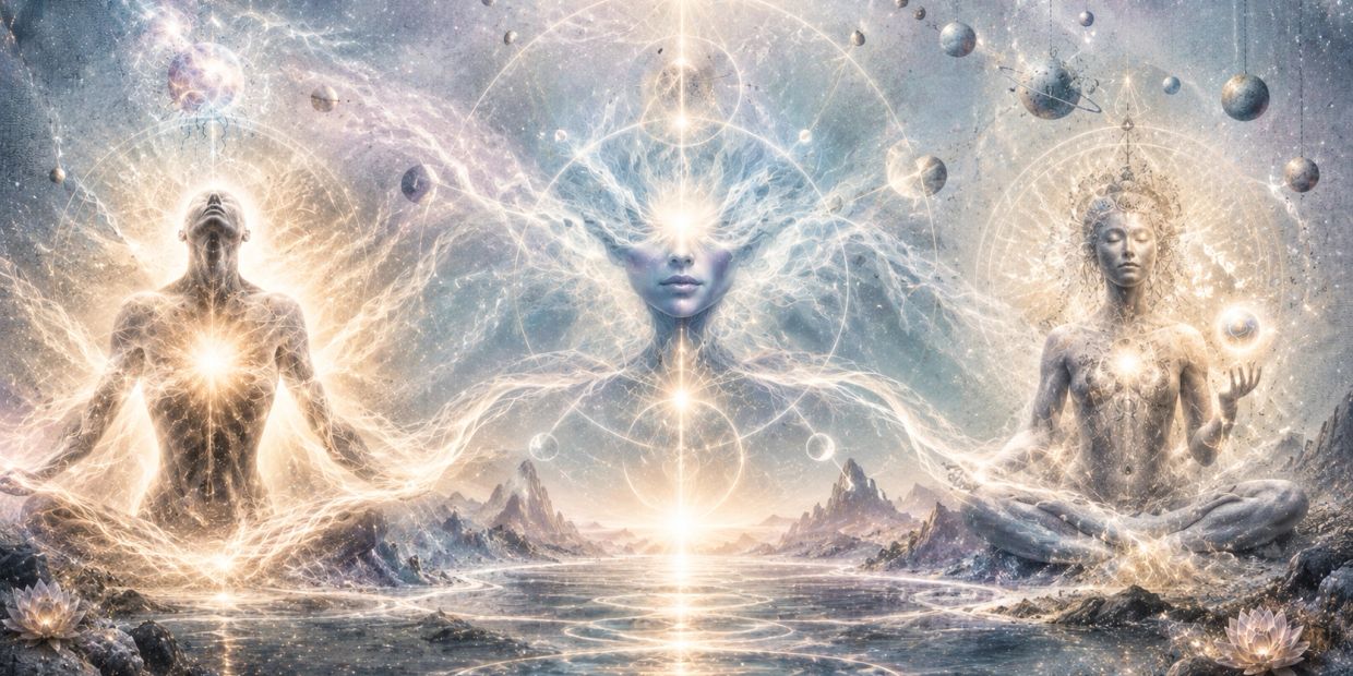 Ethereal spiritual beings surrounded by cosmic light and energy, symbolising spiritual awakening, energy healing and higher consciousness.