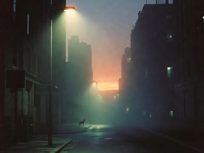 A foggy urban street at dusk with a lone dog under a streetlamp.