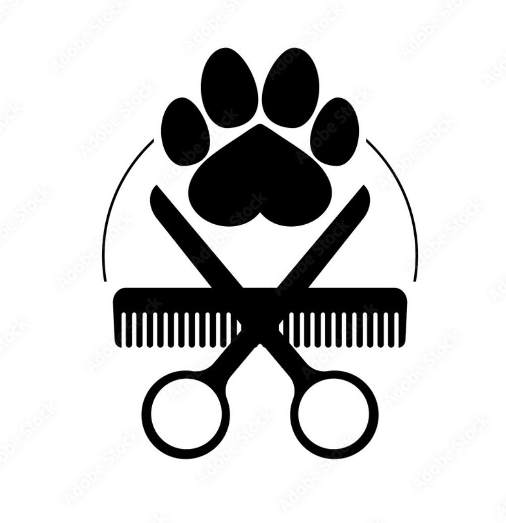 Pet grooming icon with paw, scissors, and comb.