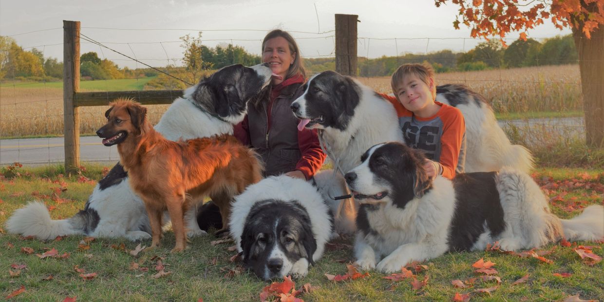 Georgia with her Pyrenean Mastiffs and Basque Shepherd