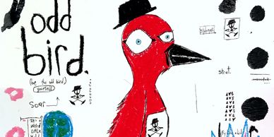 Abstract red bird with blue eyes and hat, surrounded by doodles and text.