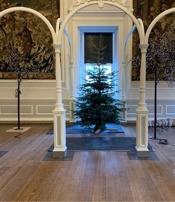 A Christmas tree stands under a white arch in an elegant room.