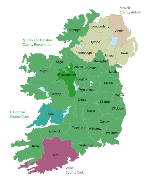 Map of Ireland showing ancestral family locations