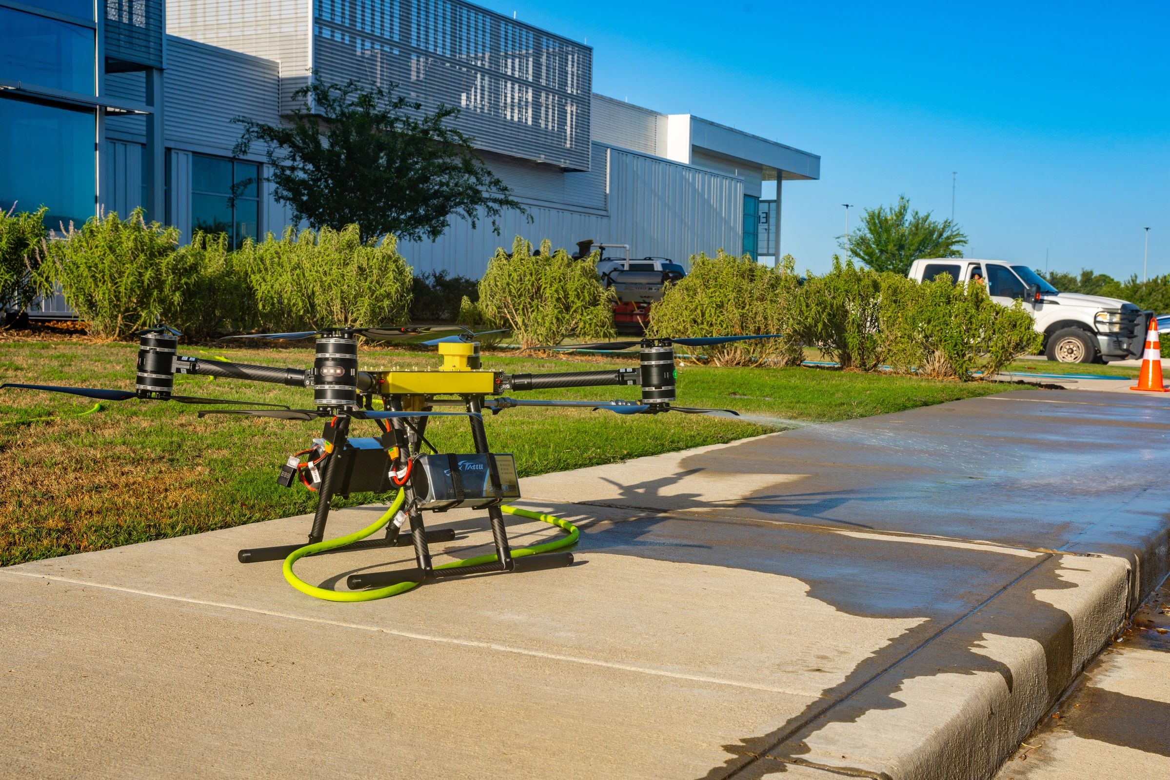 Skywash cleaning drone on the ground and ready for cleaning building