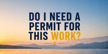 Text asking about needing a permit for work with a scenic sunset background.