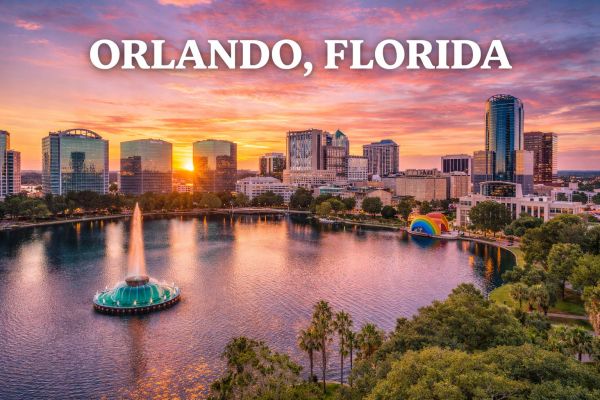 Sunset over Orlando, Florida skyline with lake and fountain.