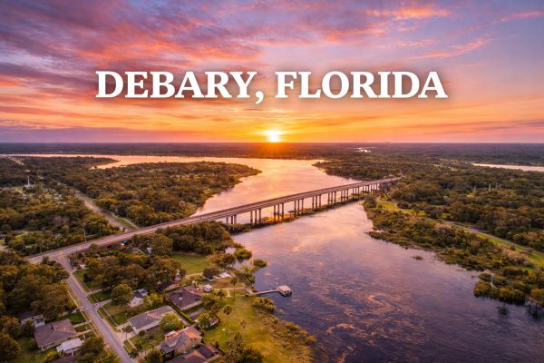 Sunset behind a bridge over a river in DeBary, Florida.