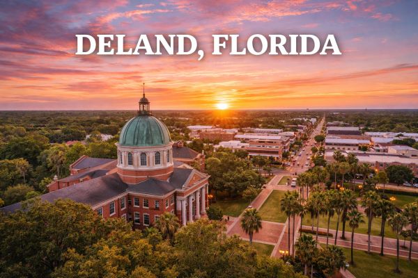 Sunset view over Deland, Florida with a historic building.