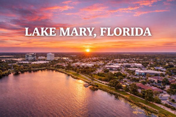 Sunset over Lake Mary, Florida with cityscape.