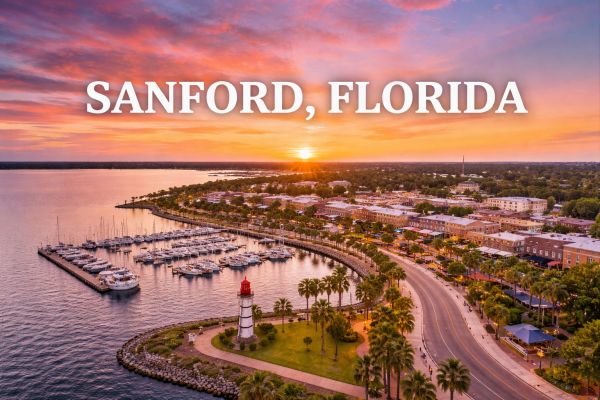 Sunset view of Sanford, Florida coastline with a lighthouse and marina.