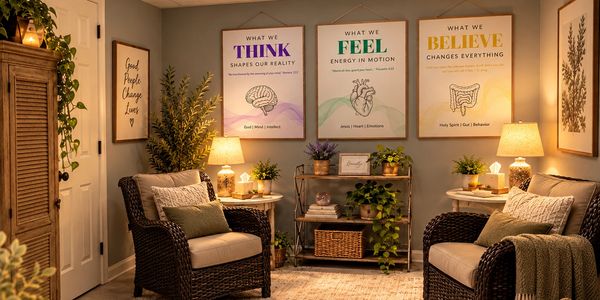 Cozy room with motivational posters and wicker chairs.
