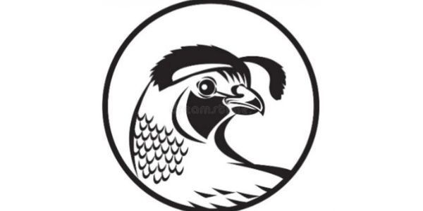 Black and white stylized quail bird logo inside a circle.