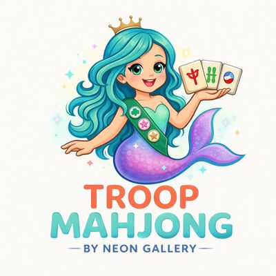 A cheerful mermaid mascot holding mahjong tiles for Troop Mahjong.