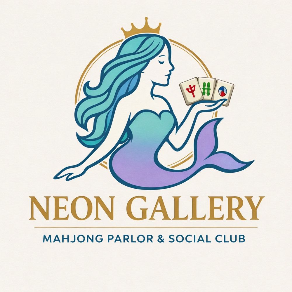 Logo of Neon Gallery Mahjong Parlor with a mermaid holding mahjong tiles.