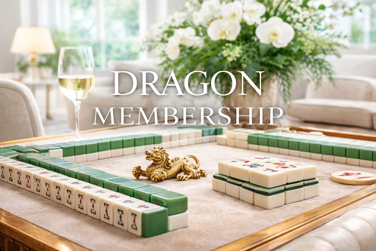 Luxurious Mahjong setup with a golden dragon piece and wine glass, titled 'Dragon Membership'.