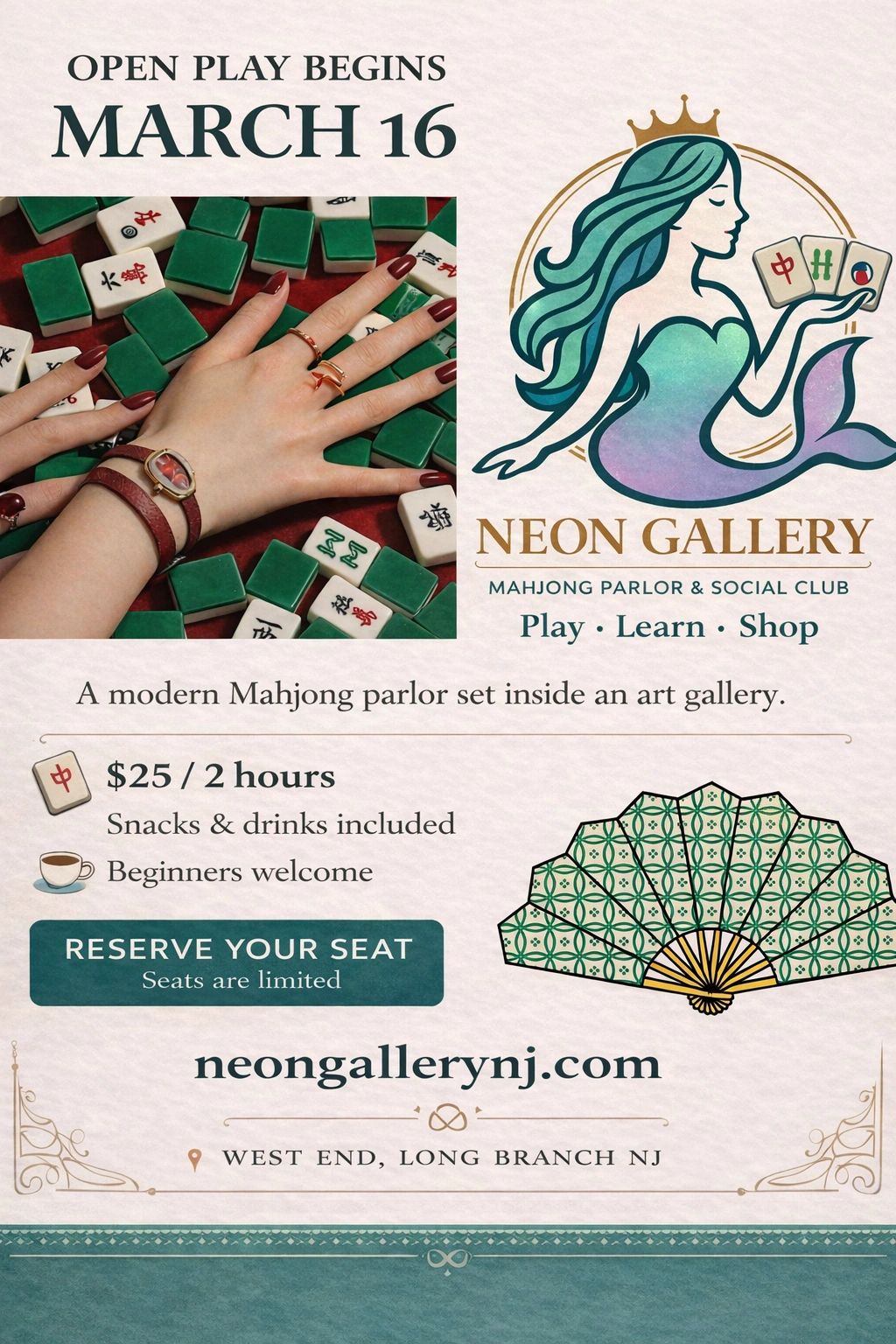 Mahjong parlor open play starts March 16 at Neon Gallery, Long Branch NJ.