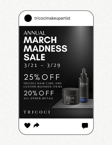 Advertisement for March Madness with white font and black background with products featured