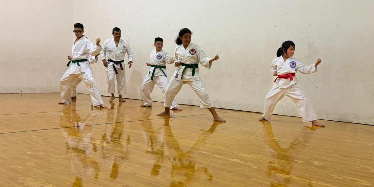 Karate class practicing stances.