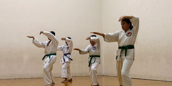 Four kids practicing martial arts indoors.