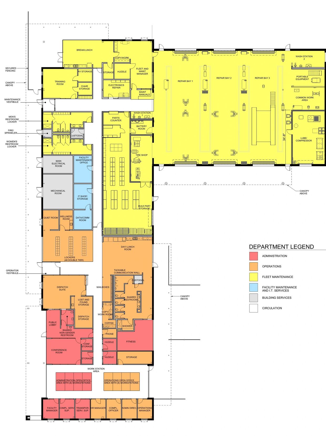 Floor plan showing department layout with color-coded areas and room labels.