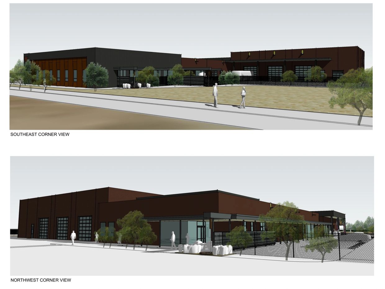 Architectural renderings of a modern industrial building from two corner views.