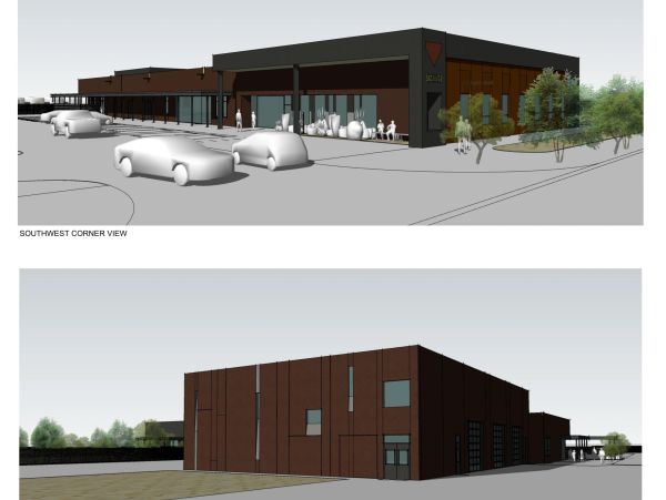 3D architectural renderings of a modern commercial building from two angles.