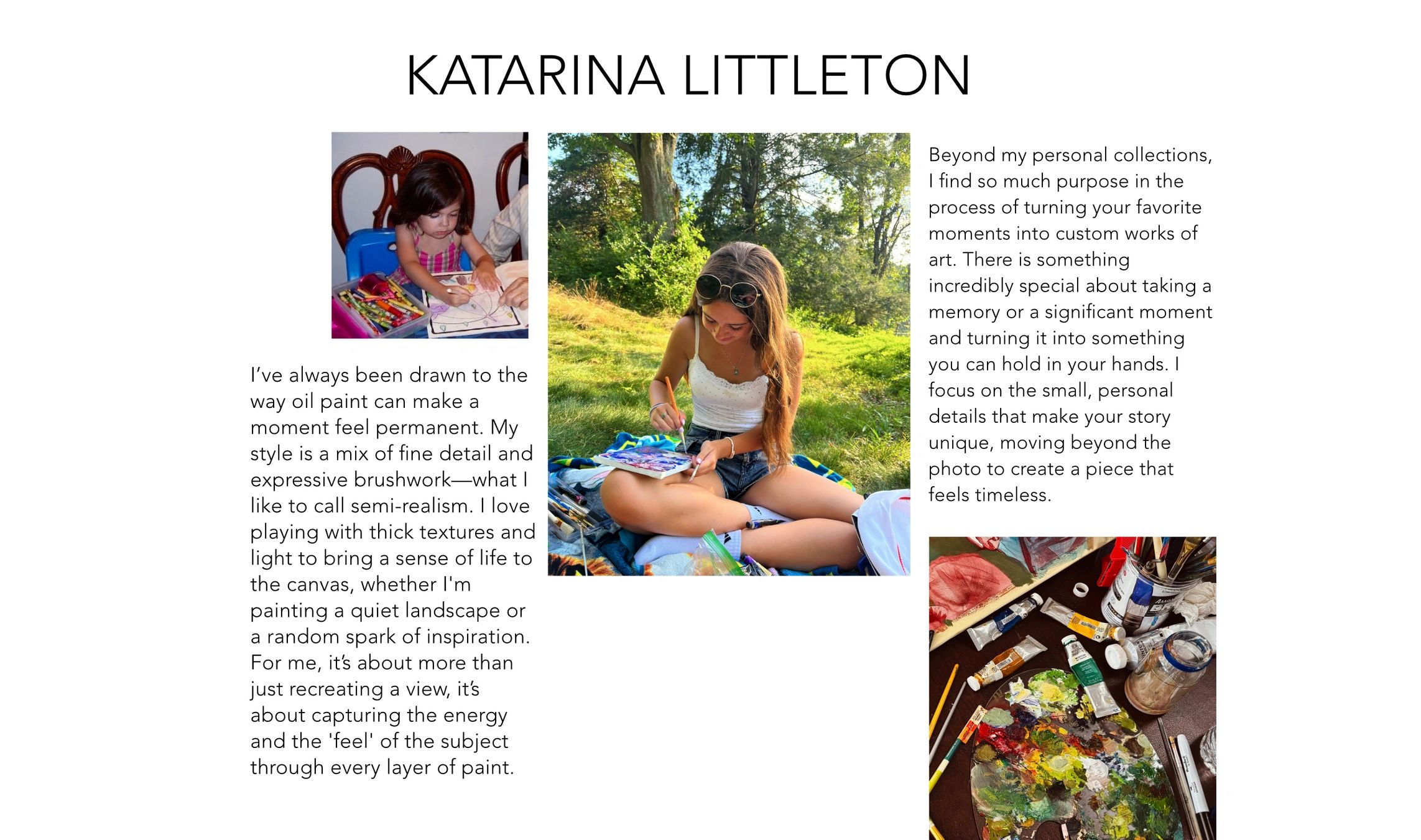 Artist Katarina Littleton painting outdoors and her workspace with oil paints.