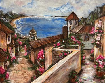 A charming coastal village with stone paths and vibrant flowers overlooking the sea.