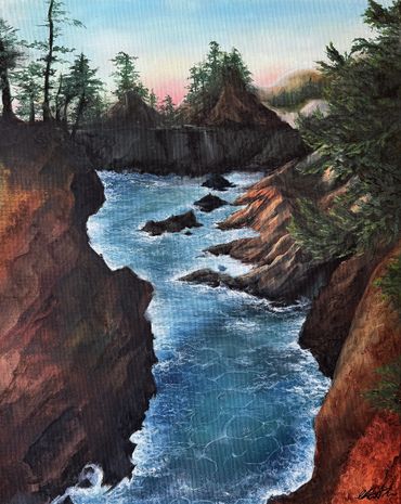 A serene coastal scene with cliffs and calm water at sunset.