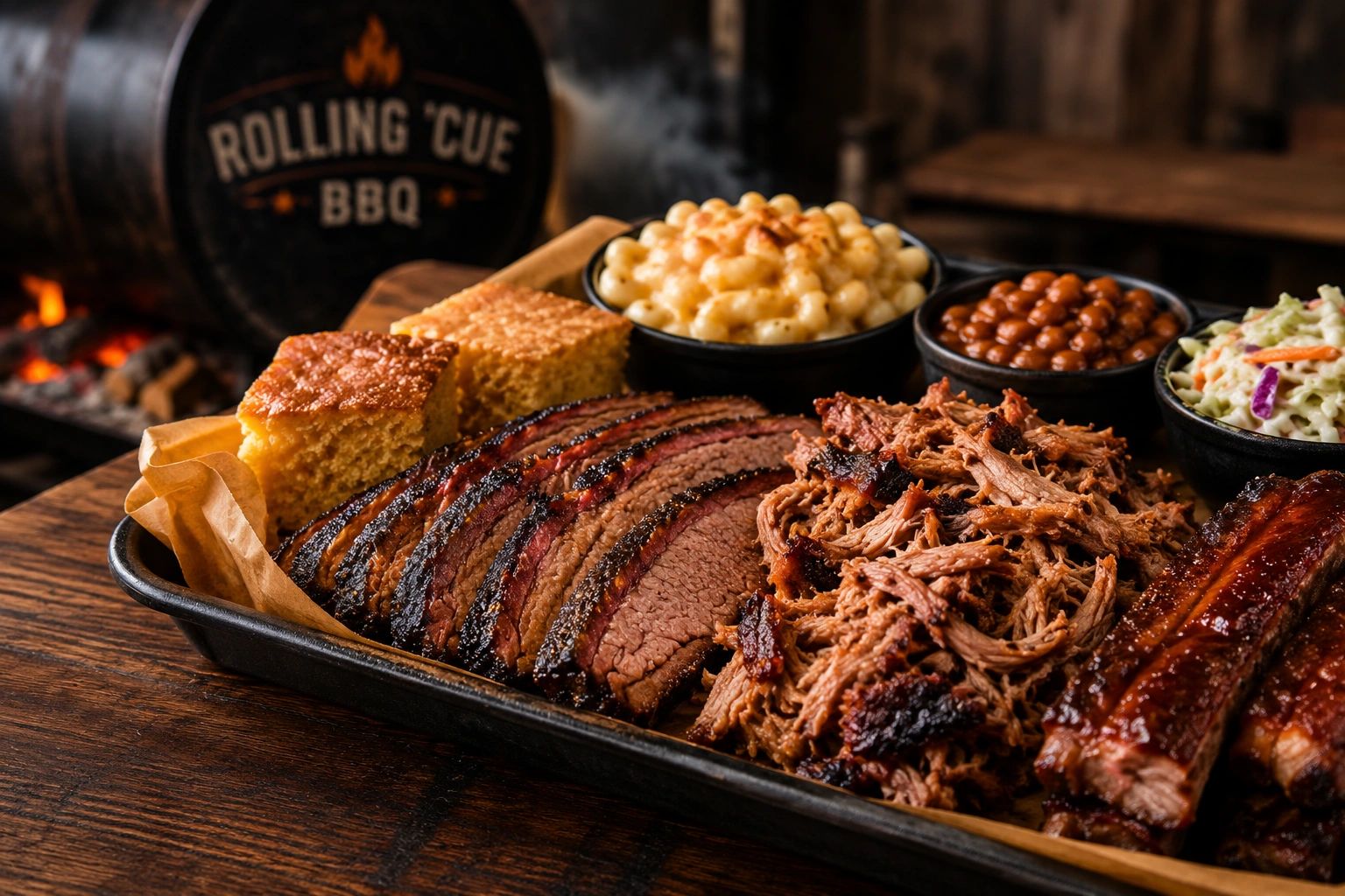 Barbecue platter with meat and sides.
