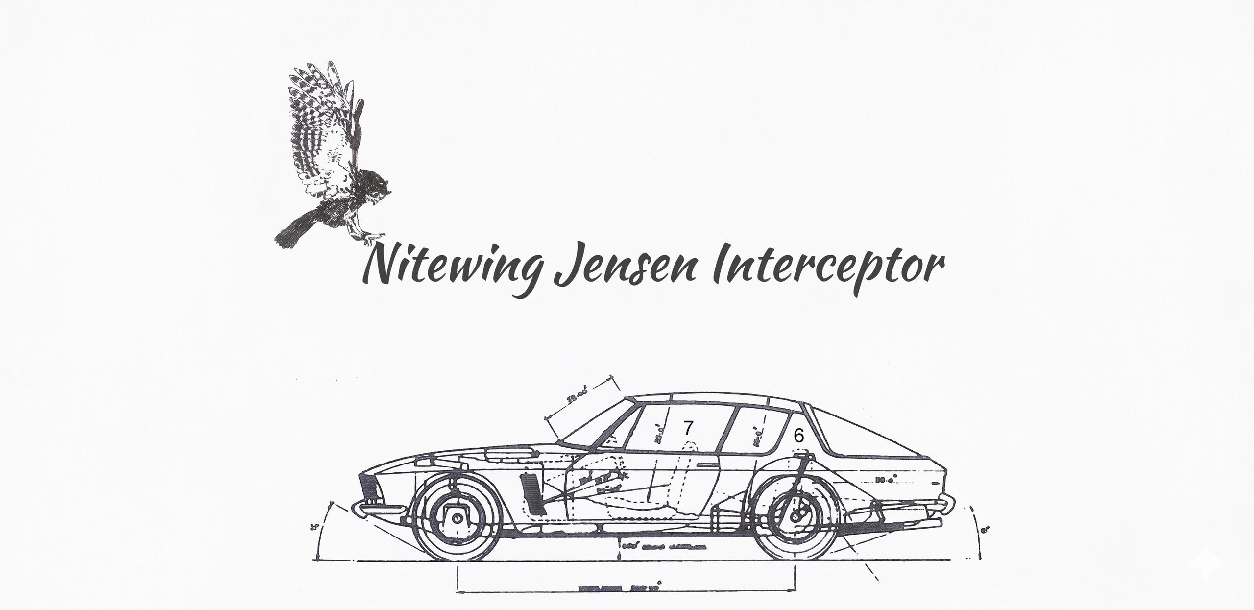 Blueprint-style drawing of a car with an owl and "Nitewing Jensen Interceptor" text.