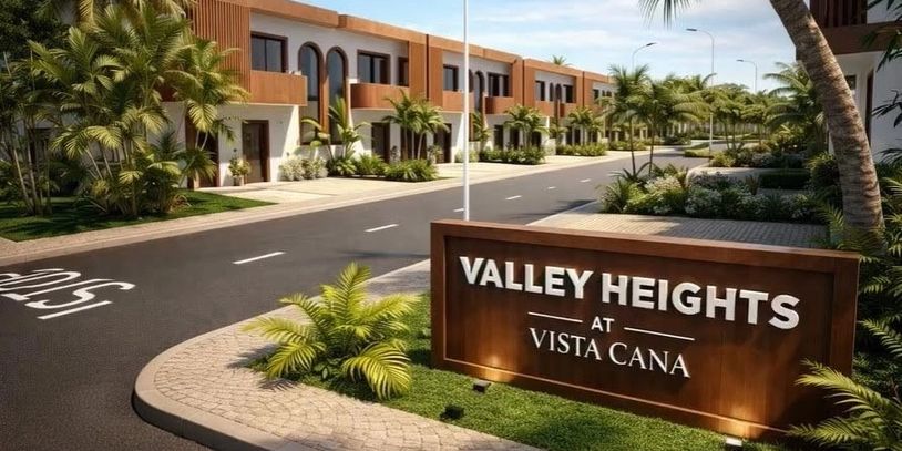 Entrada residencial moderna con señalización de Valley Heights.