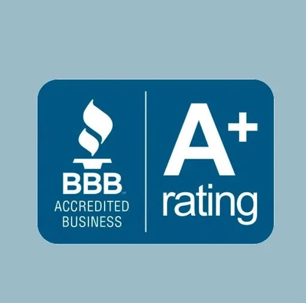 BBB Accredited Business with A+ rating logo on blue background.