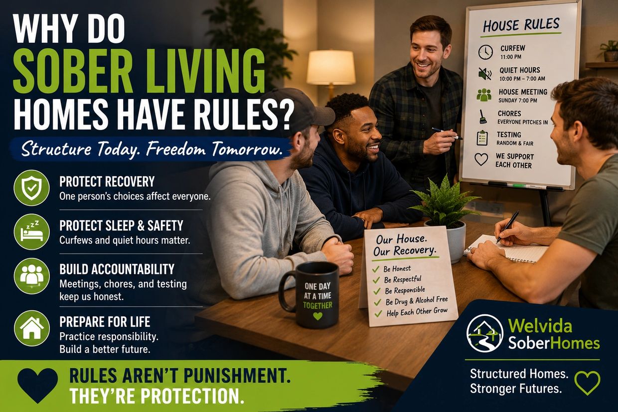 Infographic explaining why sober living homes have rules, including recovery and sleep protections.