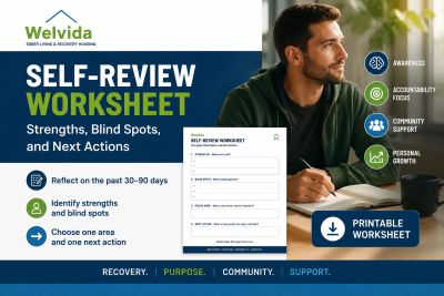 Self-review worksheet for strengths, blind spots, and next actions in recovery.