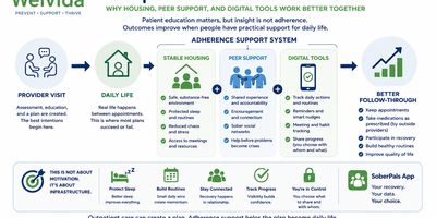 Infographic showing the follow-through gap in outpatient behavioral health. Stable housing, peer sup