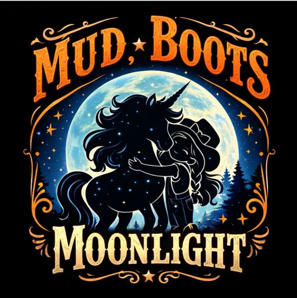Country Music Song Album Cover -I found my Unicorn - Mud, Boots, and Moonlight. Girl hugging Unicorn