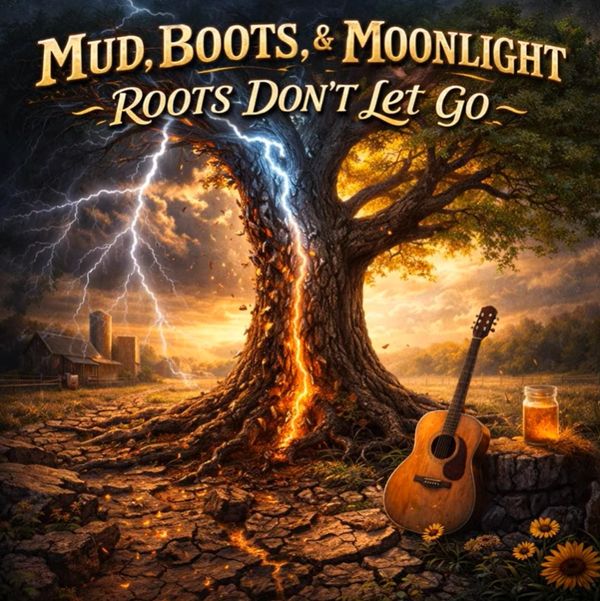 Country Music Song Album Cover - Roots Don't Let Go - Mud, Boots, and Moonlight, Oak Tree lightening