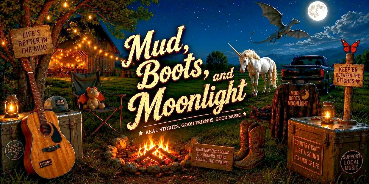 A magical country music night scene with campfire, guitar, unicorn, and dragon under the full moon.